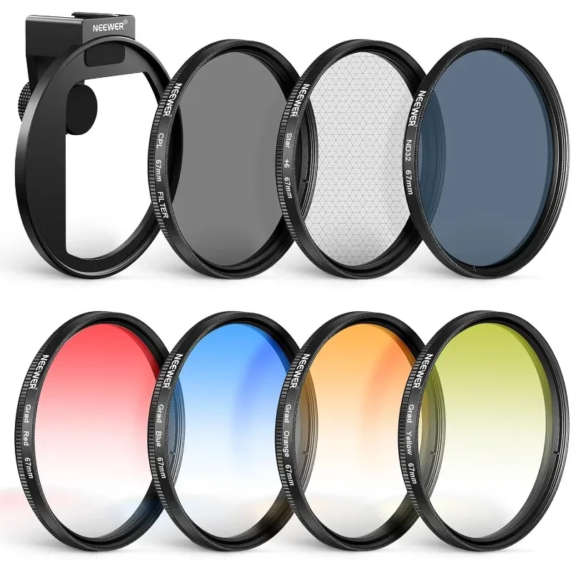

Clip On 67mm Phone ND Filter Kit, Upgraded Lens Clip Cold Shoe Mount/Locking Knob, CPL/ND32/6 Point Star/4 Graduated Color Filte