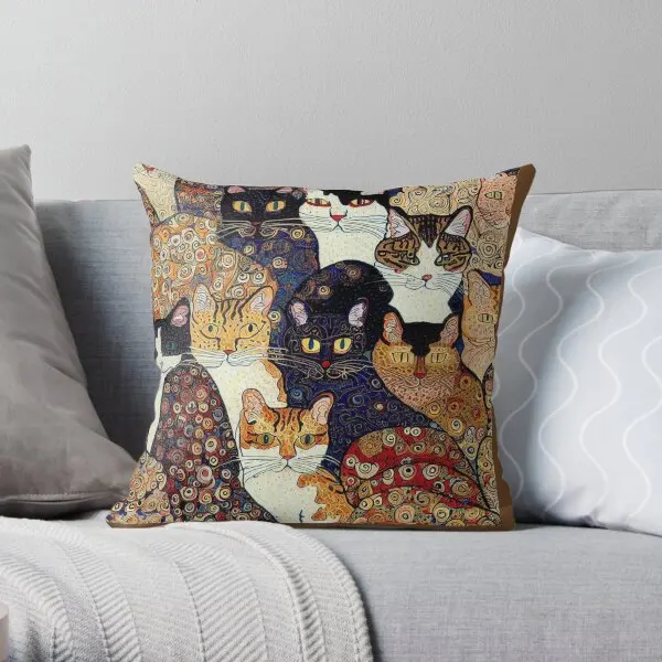 Gustav Klimt Style Cats  Printing Throw Pillow Cover Waist Office Hotel Home Sofa Bed Case Throw Pillows not include One Side