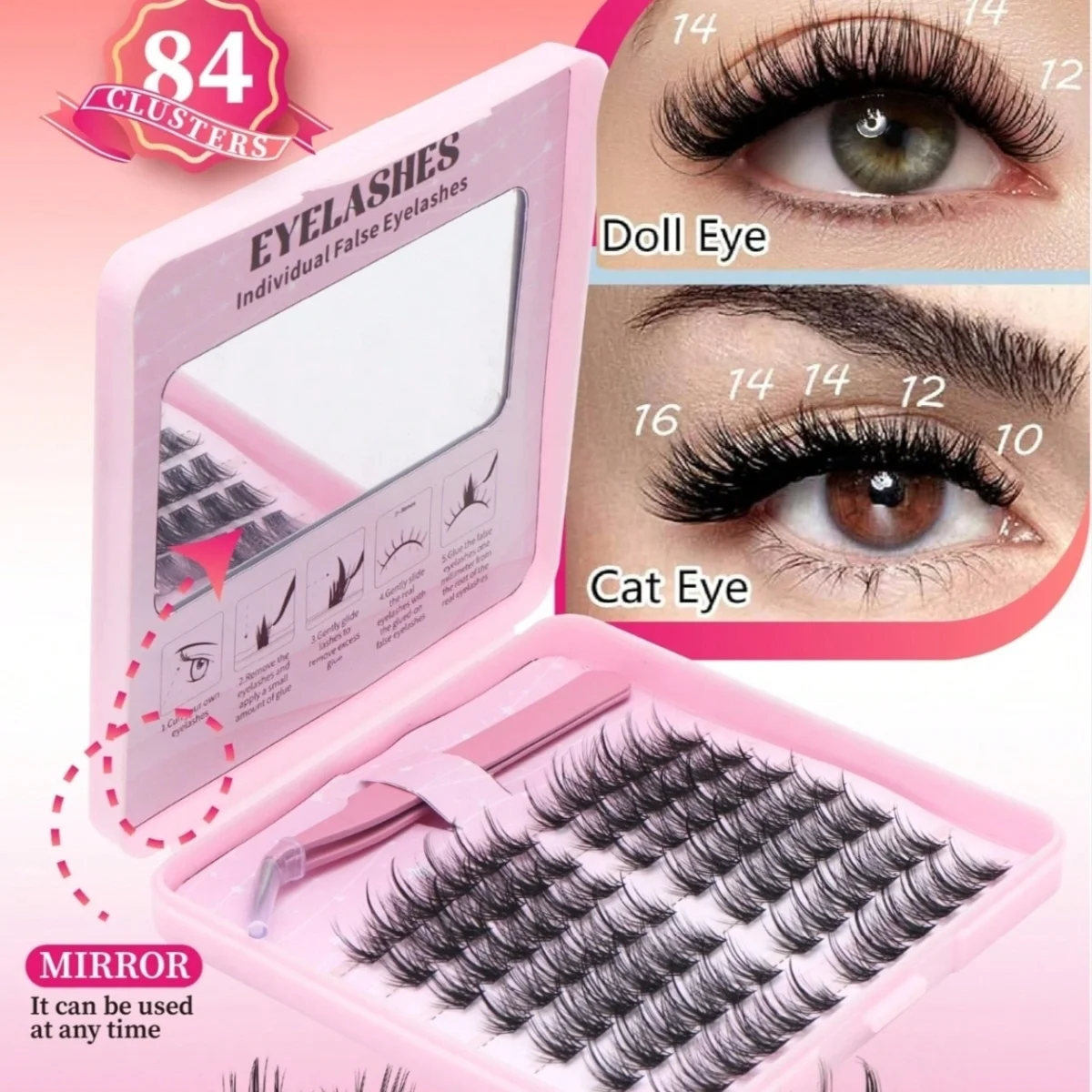 

DIY Portable Mirror Segmented Cluster Lashes Stereo Fluffy Cat Eye Soft Dense False Eyelashes for Quick Makeup
