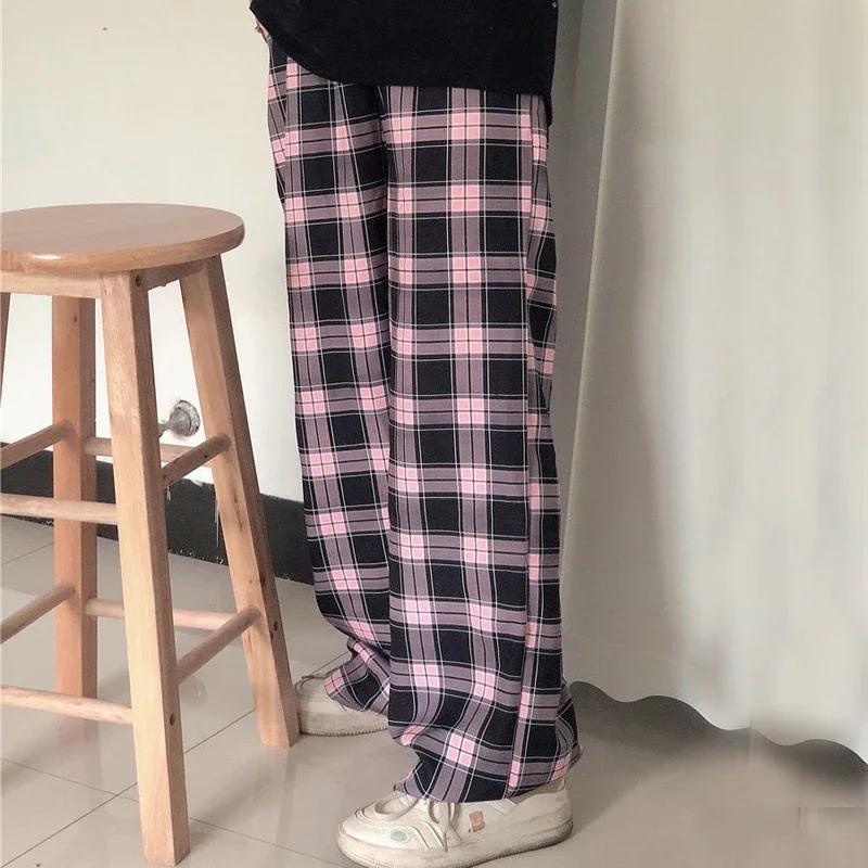 

Harajuku Plaid Wide Leg Pants Women Streetwear Oversized Baggy Sweatpants Vintage High Waist Casual Joggers Black Trousers L12