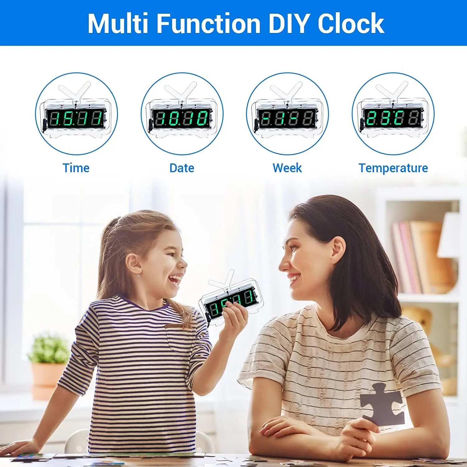 DIY Electronic Kit 4 Digital Alarm Clock LED Music Alarm Green Clock Soldering Project KitTime Date Alarm Temperature Display