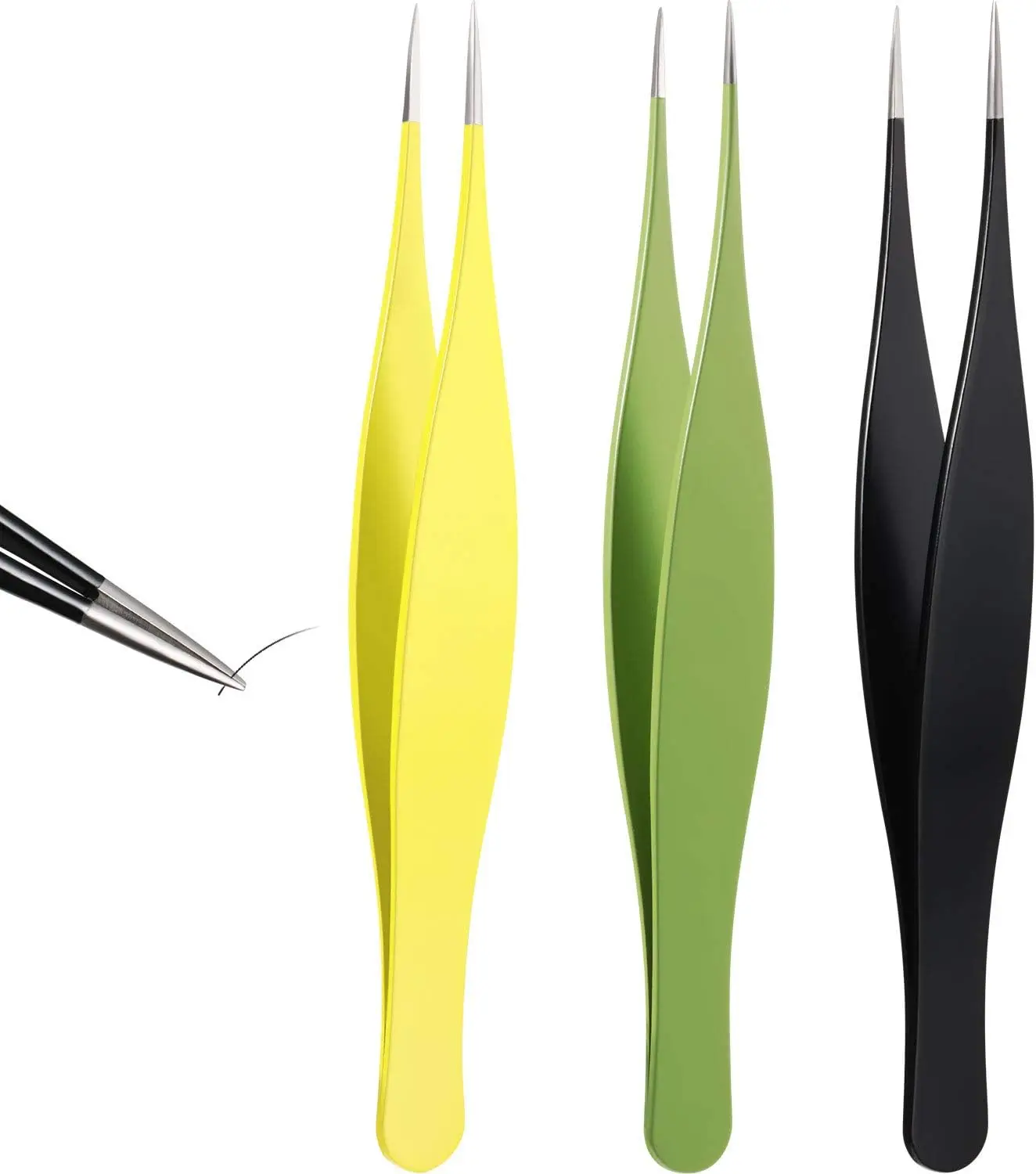 

3 Pcs Stainless Steel Tweezers for Ingrown Hair and Blackhead Removal, Precision Eyebrow Shaping Tools in Black, Yellow, Green