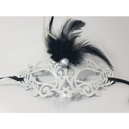 Sable Metal Looking Black Feathered White Christmas Plastic Party Mask