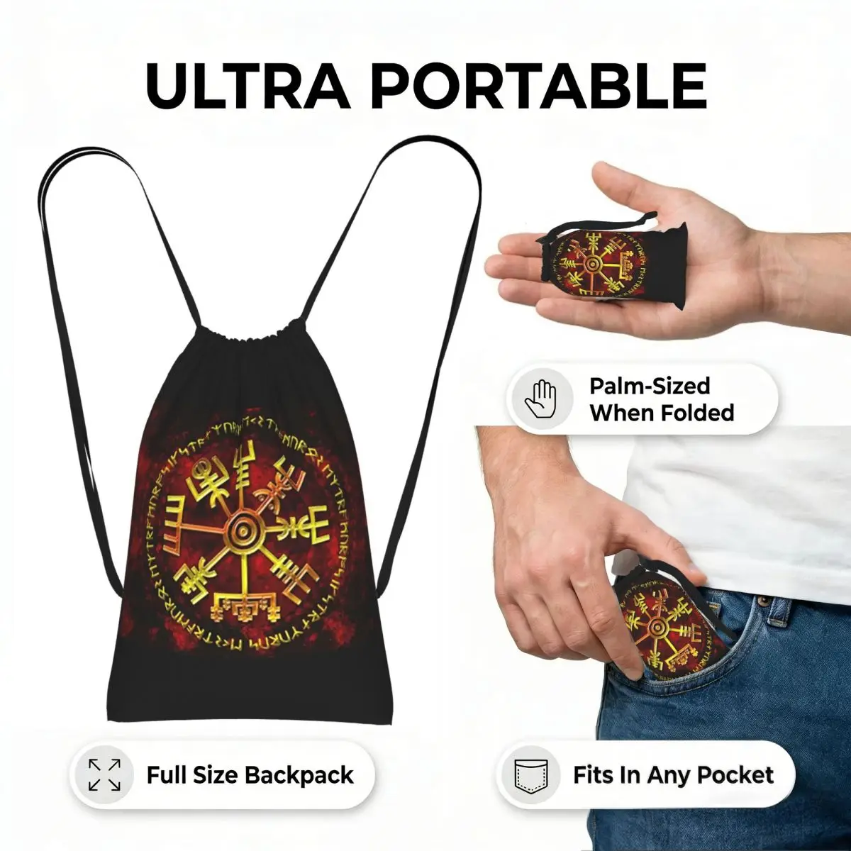 Viking Odin Valknut Runes Drawstring Backpack Sports Gym Bag Portable Travel Drawstring Bag for Men Women