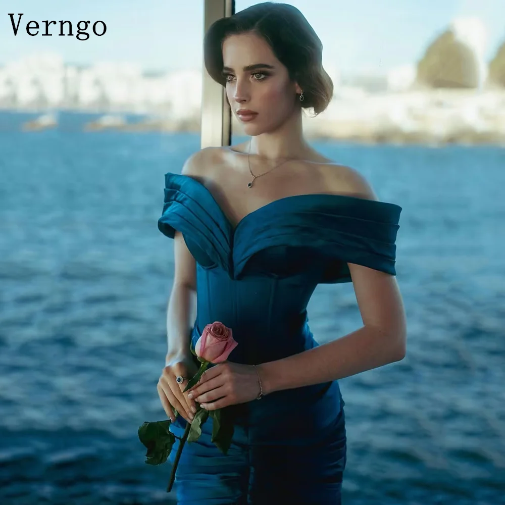 

Verngo Peacock Blue Satin Evening Dress Off The Shoulder Mermaid Formal Occasion Dress Modern Prom Party Gown Customized
