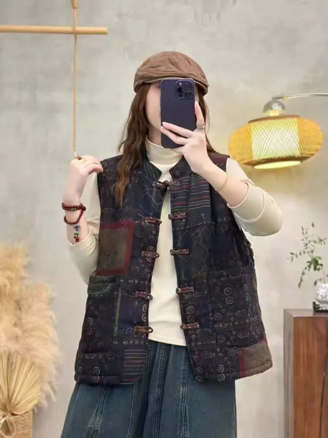 

Retro Chinese Sle Cotton Linen Print Button Bal Thiened Warm Women's Vest Autumn Winter New Sle Loose Fit Outerwear