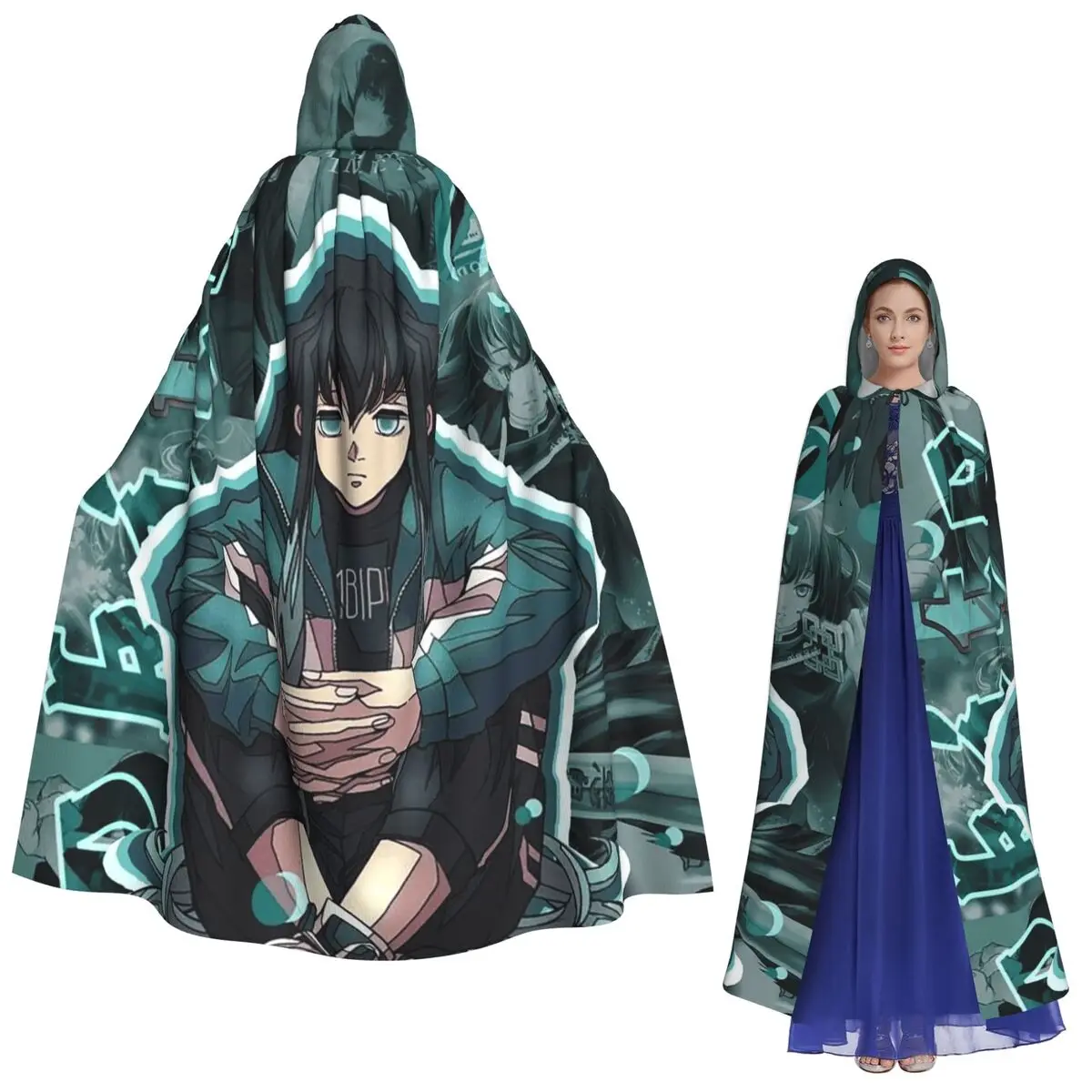 

Muichiro Tokito Long Hooded Cloak Witch Medieval Costume Cosplay Cape HalloweenParty Adult Unisex