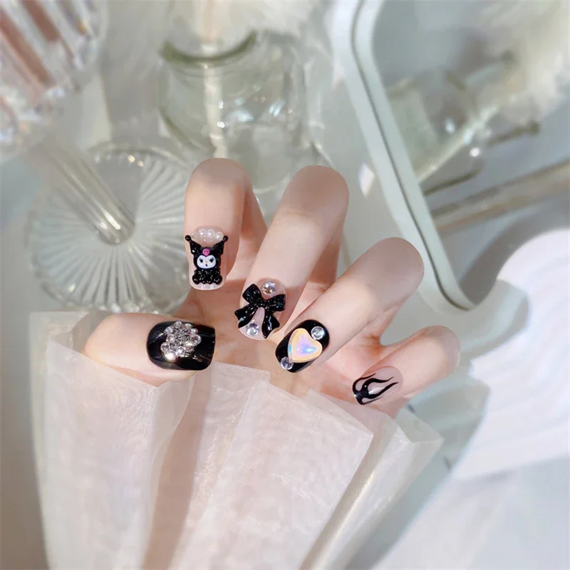 24pcs Sanrio Kuromi False Nails Cute Cartoon Girls Y2K Wearable Finish Product Nails with Accessories Patch Holiday Gifts