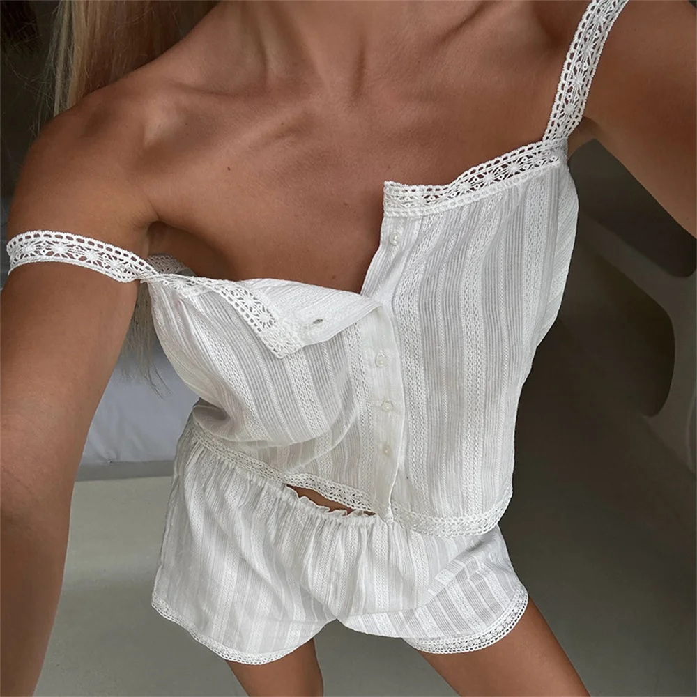 

Summer New Fashion Pure Cotton Comfortable Soft Strap Short Pants Sleepwear Two-Piece Set Home Clothes Women's Nightgown