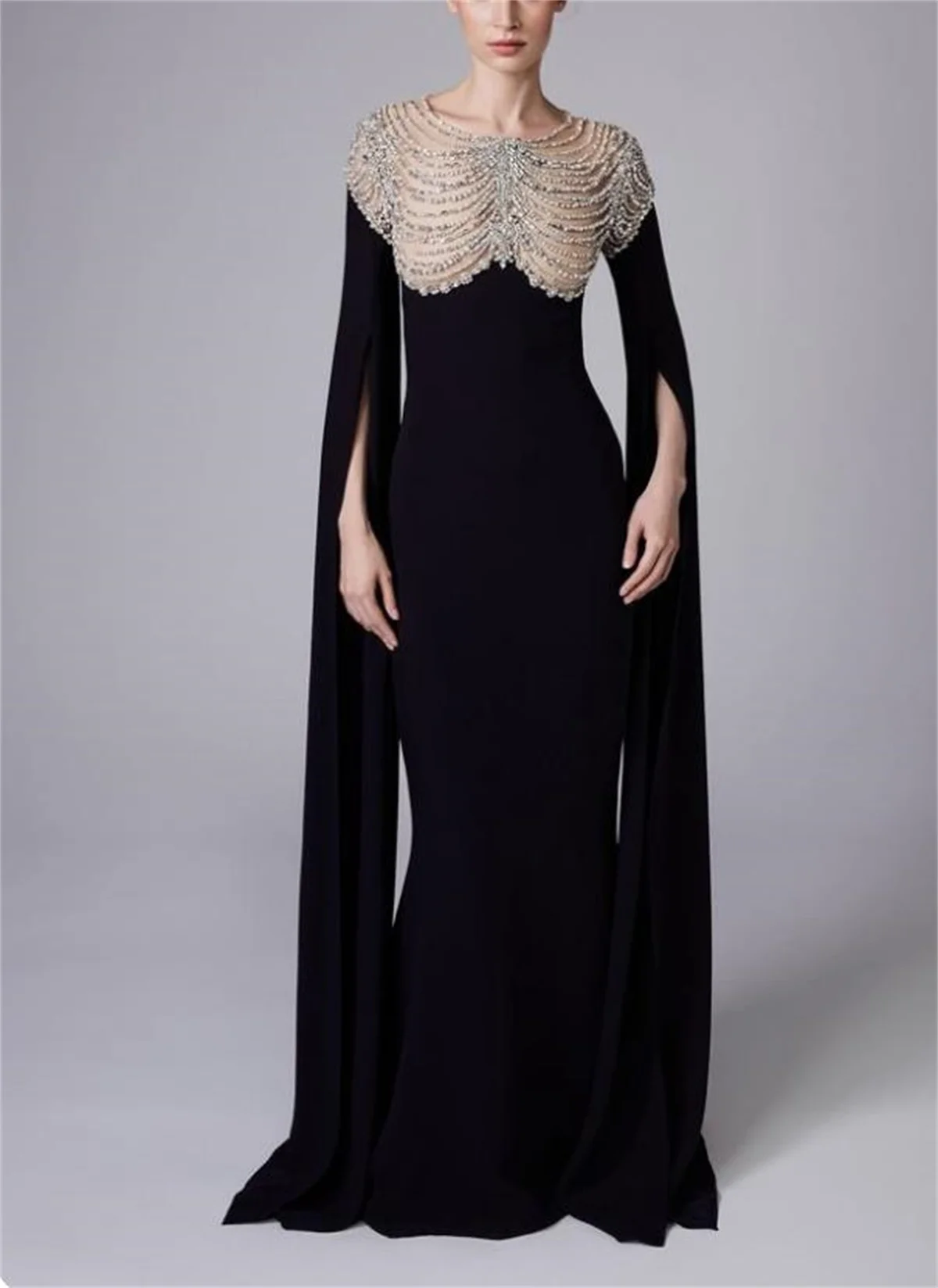 Evening Dress Fringed Beaded Chain Backless Sequins Black Train Elegant Crewneck Long Sleeves Ground Tailored 2023 Women Party