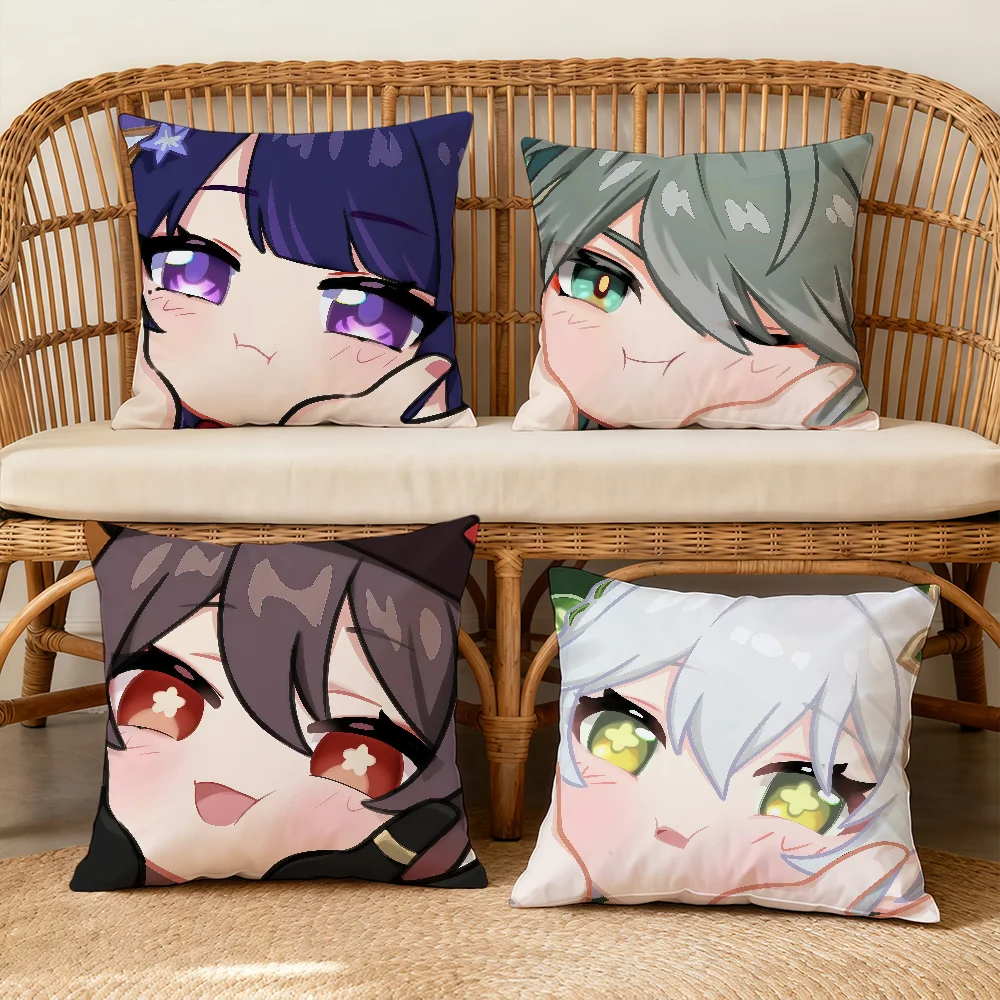 Cupping Face Genshin Impact Q-version Cushion Cover Square Decorative Throw Pillow Case Sofa Bed Living Room Anniversary Gifts