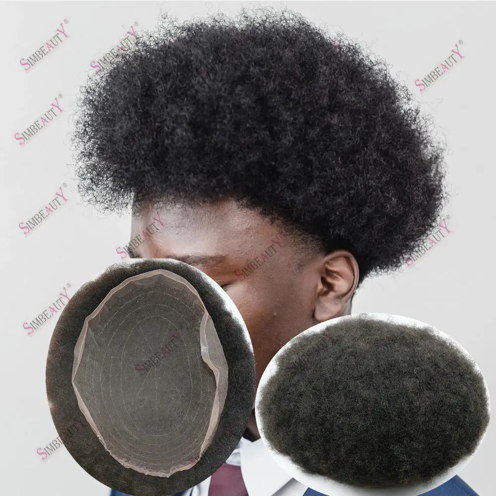 

6mm Afro Curly Full Swiss Lace Toupee Human Hair For Men Capillary Prosthesis Replacement System Bleached Knots Natural Hairline