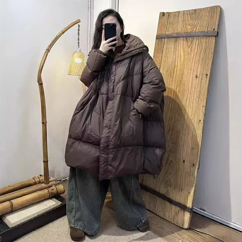 سترة باركر بقلنسوة عصرية للنساء فضفاضة كبيرة الحجم وجيوب دافئة وسميكة معطف منتفخ للسيدات ملابس خارجية طويلة من الريش #5