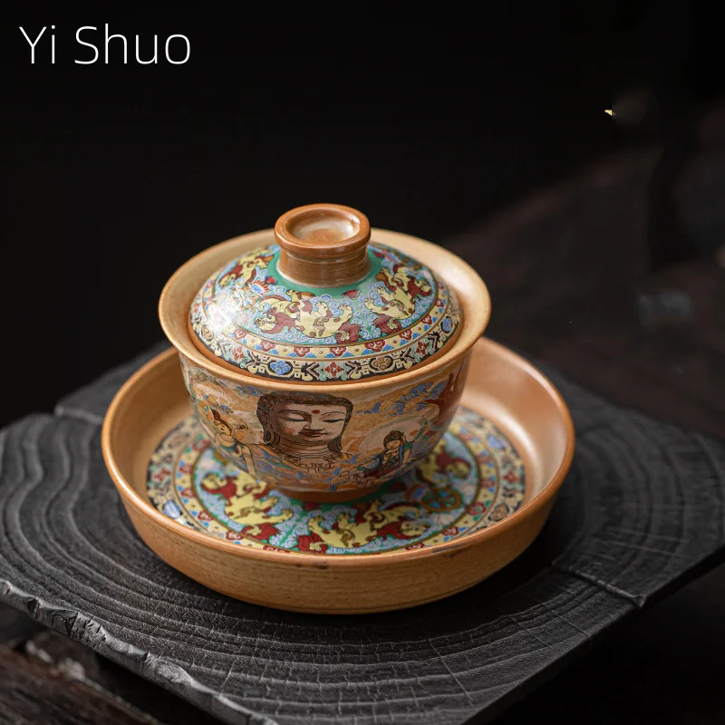 

Dunhuang Buddha Gaiwan Kiln Baked Vintage Ceramic Tea Bowl Teacup Household Kung Fu Tea Set Tea Making Device