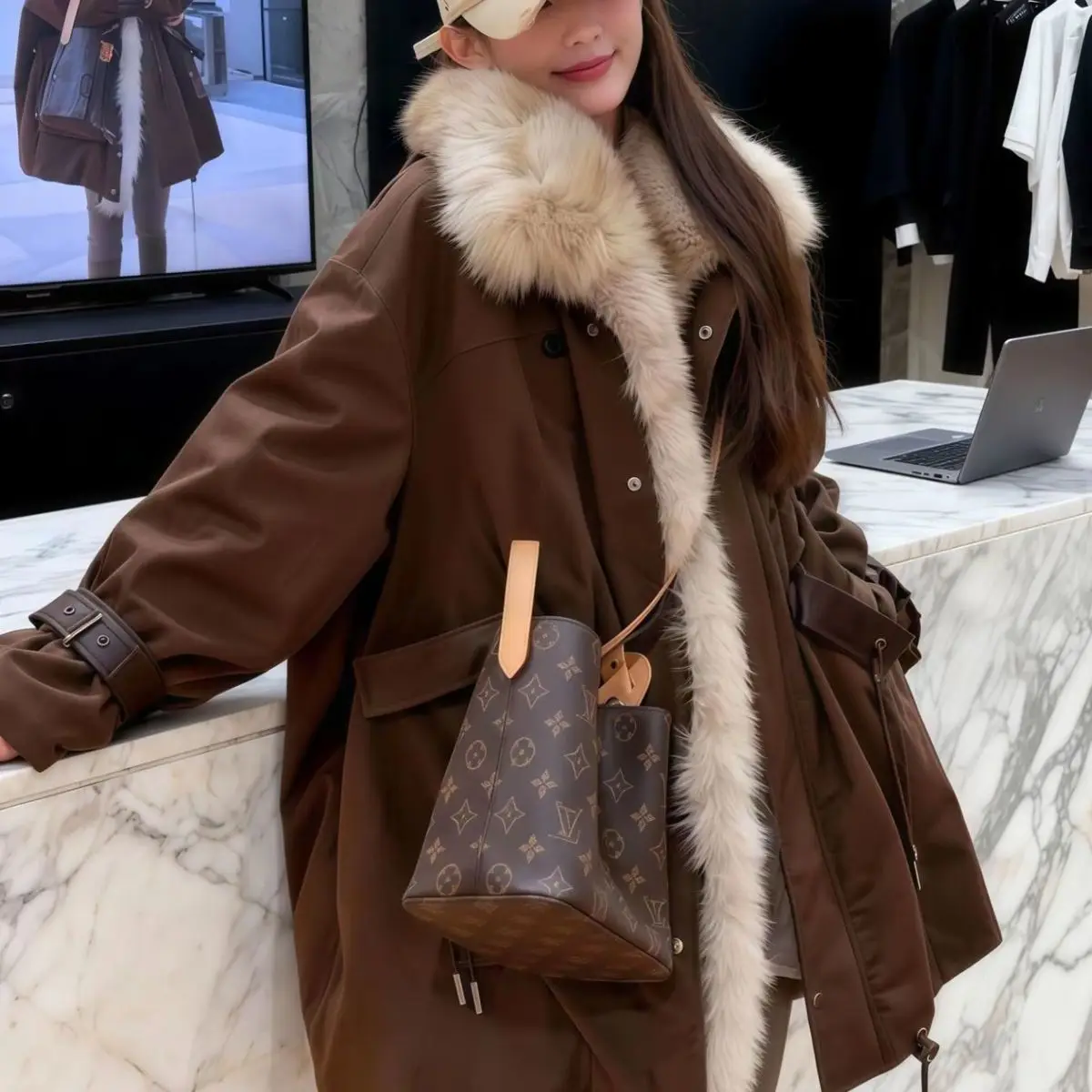 

Faionable Autumn Winter Long Fur Collar Parka Coat Warm Loose Fit Medium Length Korean Sle Women's Outerwear Jaet