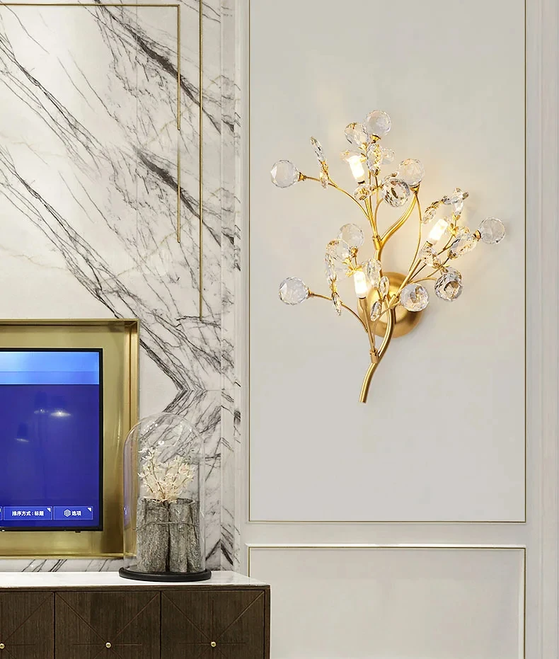 

Exquisite romantic floral branch wall lamp, transparent crystal decor wall lamp, luxurious gold color iron art wall lamp YX489EX