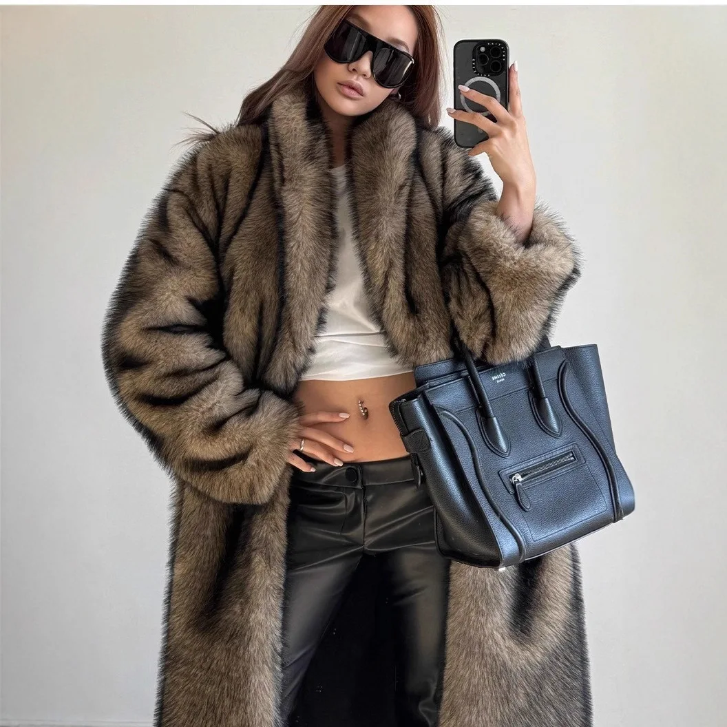 Women's Autumn Winter 2026 New Arrival Faux Fox & Raccoon Fur Coat Eco-Friendly Warm Stylish Faux Fur Overcoat for Russian Cold