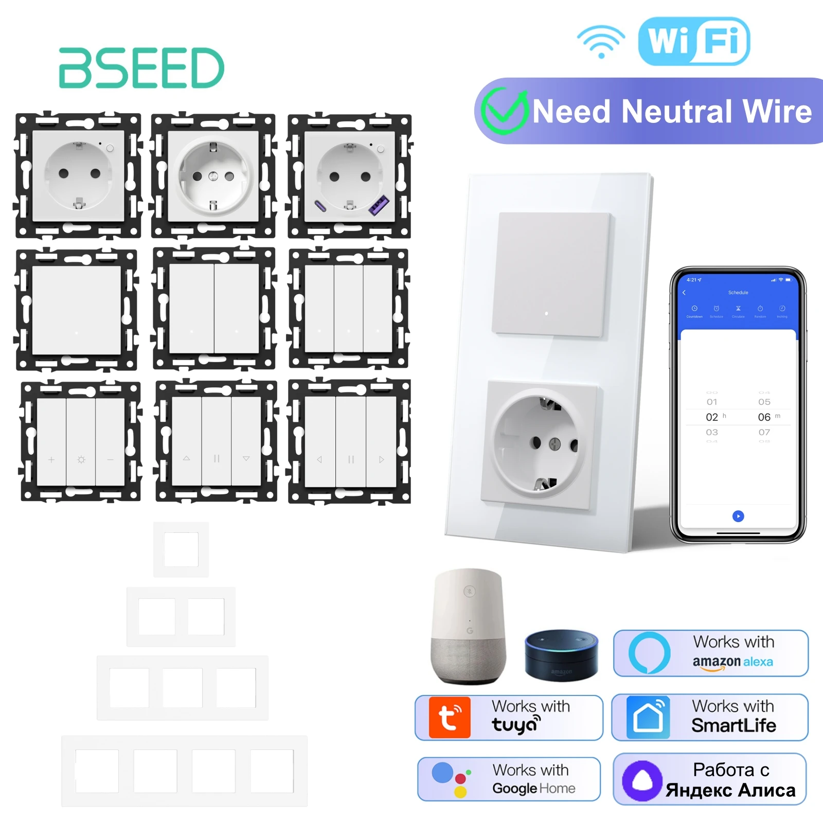 BSEED WIFI Klick-Schaltermodul Intelligenter Lichtschalter Weiße Kunststoffrahmen DIY Kombinations-Wandsteckdosen USB-Ladeanschluss E-Serie