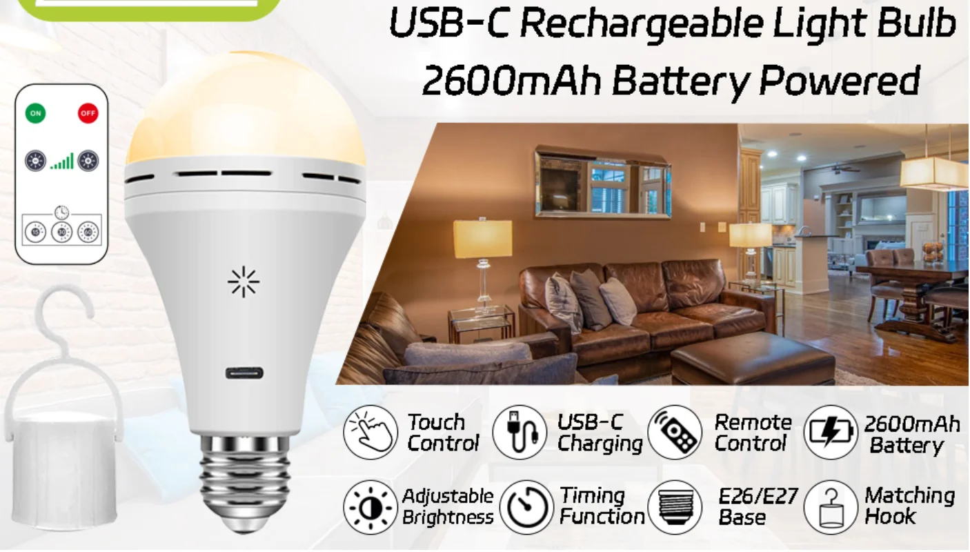 USB-C wiederaufladbare Glühbirne mit Fernbedienung, 5 V, 7 W, E27, intelligente Batterie, Touch-Steuerung, dimmbare LED-Lampen mit Timing – Detail 1