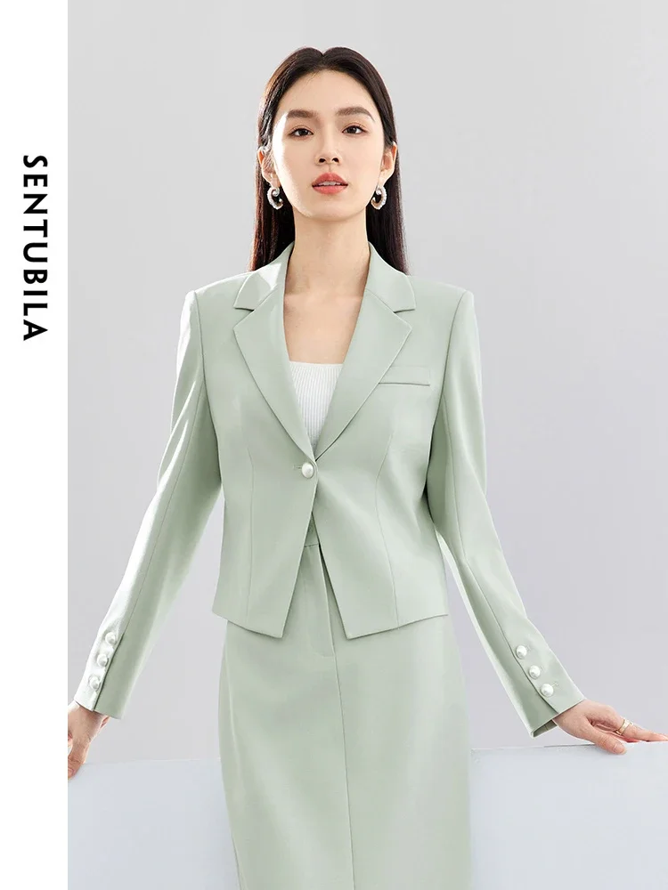 

SENTUBILA Cropped Blazers Jacket Women Spring 2024 Office Lady Work Padded Shoulder Long Sleeve Green Tailored Coat 141X53006