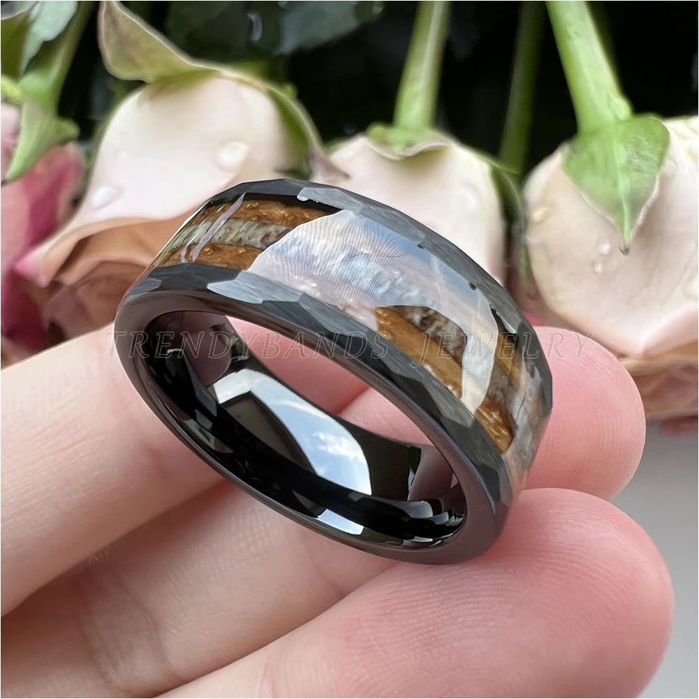 8mm Hammered Fashion Ring for Men Women Tungsten Carbide Engagement Jewelry Wedding Band Whisky Barrel Wood Inlay Brushed Shiny – Detail 12
