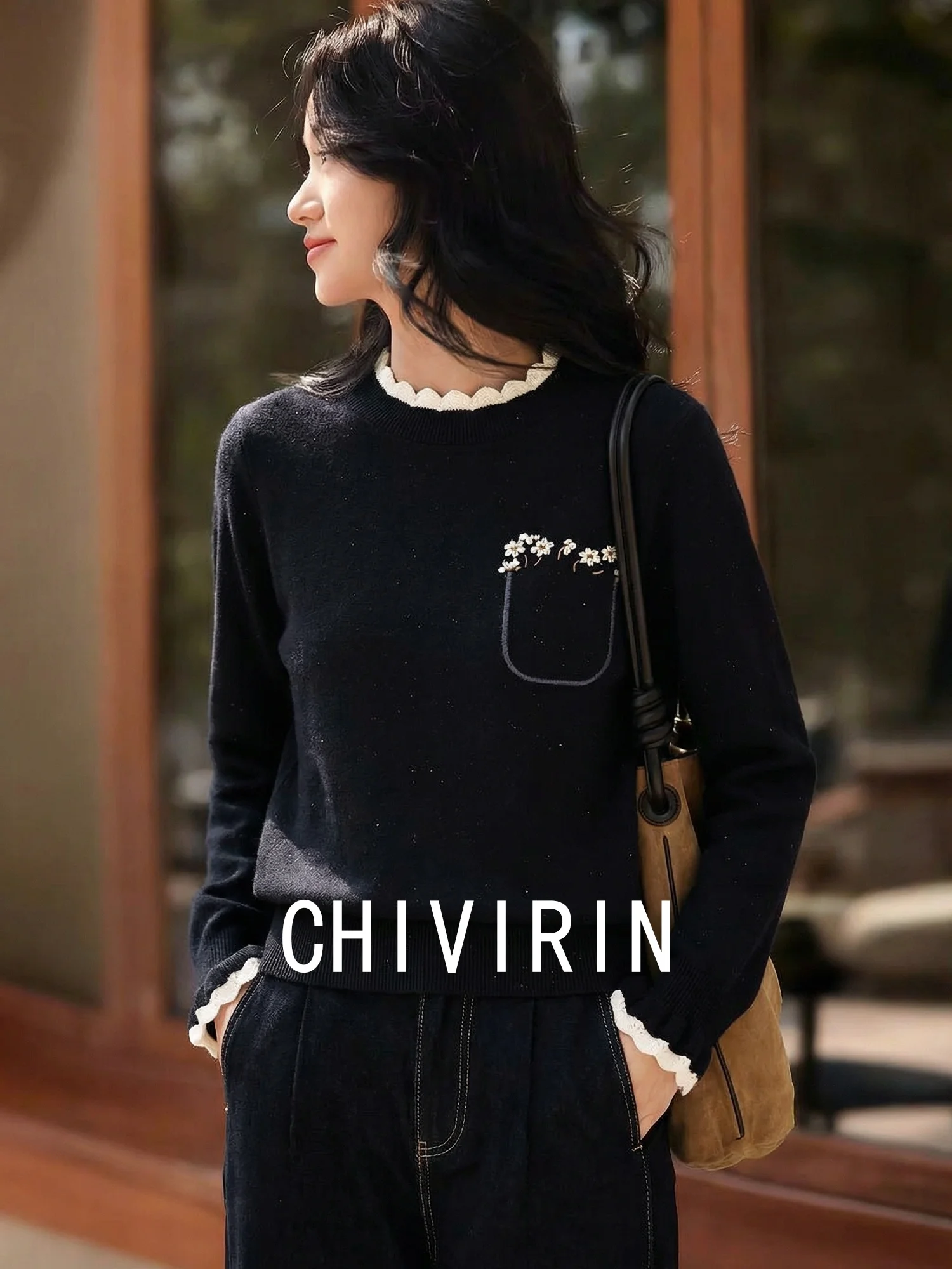 

Bla round Ne Knitted Sweater Women's Casual Sle Comfortable Fit Long Sve Daisy Wood ain Spring Autumn Slimming