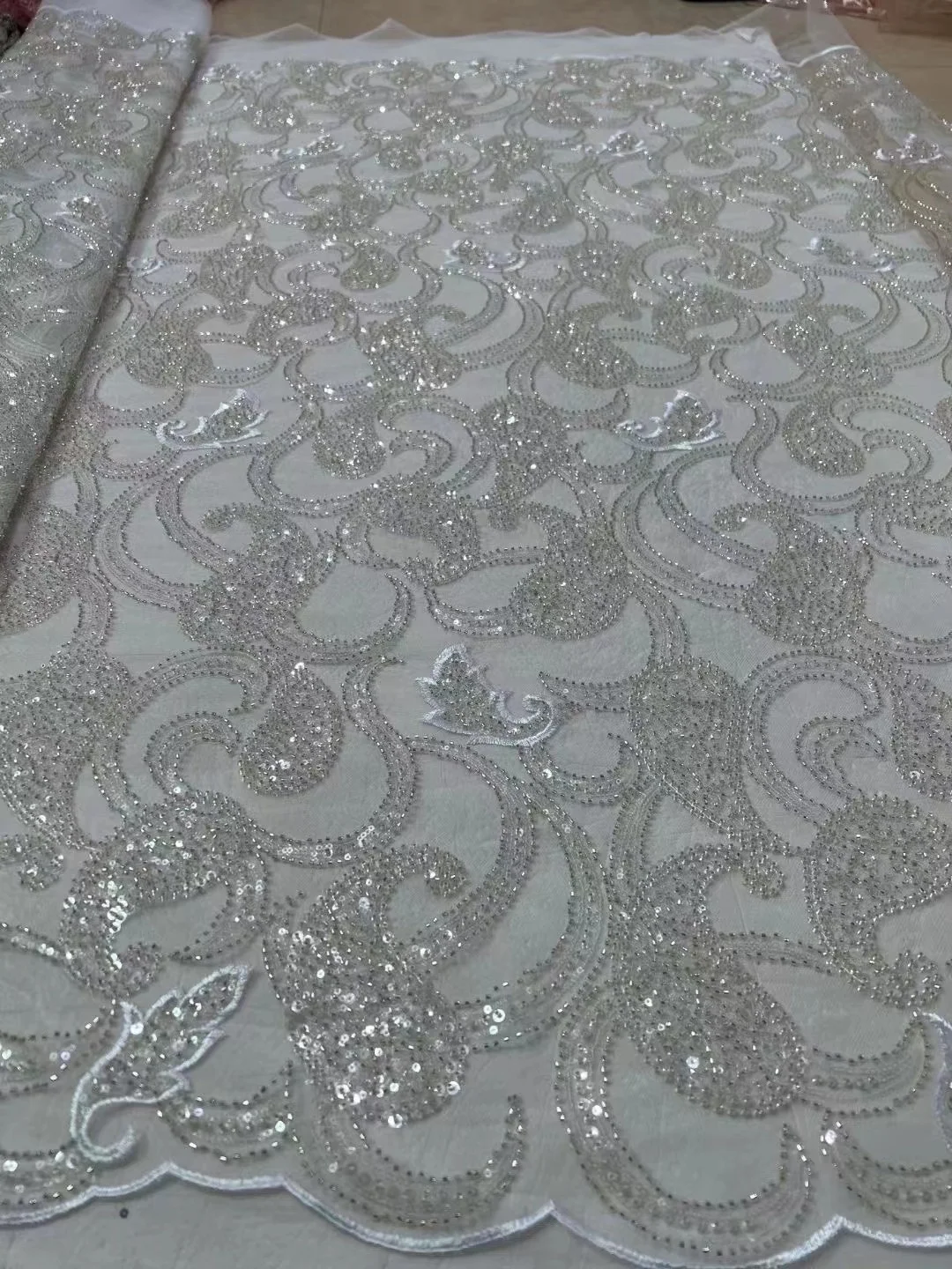 New Mesh Embroidery Pearl Sequins Lace Fabric Loose Beads Embellishment Fabric Handmade DIY Cloth Wedding Dress Veil Skirt 5yard