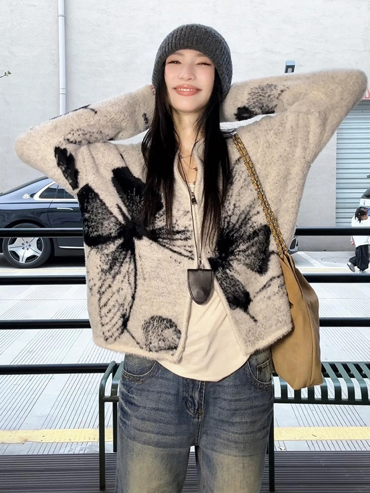 

Retro Print ey Women's Knitted ort Sweater Autumn 2025 New Leisure Sle Design Open Cardigan