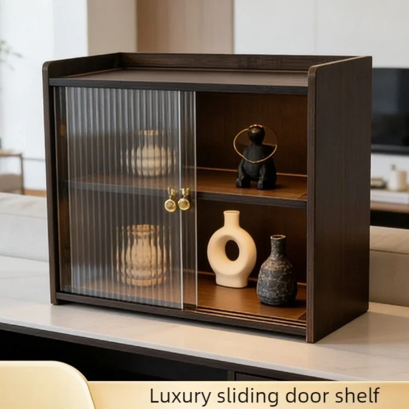 Exquisite Premium Desktop Storage Rack, No Punching Cup Holder Ornament With Sliding Door, Living Room Finishing Dust Locker