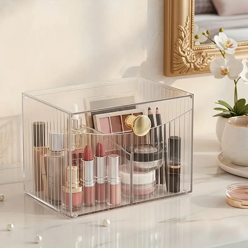 Porte-pinceaux de maquillage en acrylique transparent, avec 2 compartiments et couvercle rabattable, organisateur d'outils de maquillage, porte-rouge à lèvres, rangement de cosmétiques