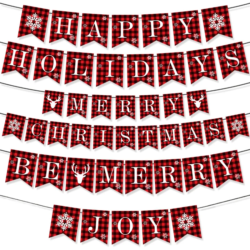 5M Red Black Checked Snowflake Elk JOY MERRY CHRISTMAS Letters Hanging Banner Backdrop for Christmas Party Decorations Supplies