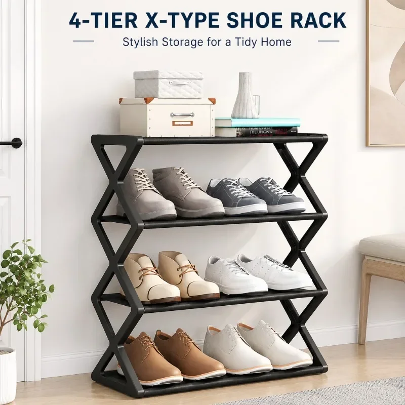 4-Tier Foldable X-Shape Shoe Rack, No Assembly Space Saving Organizer, Freestanding Storage Shelf, for Entryway, Hallway, Closet