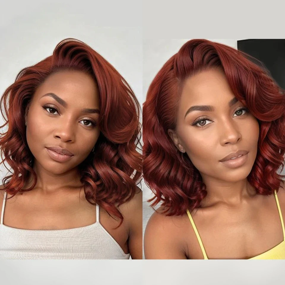 Reddish Brown Body Wave Short Bob Lace Front Wig Transparent 13x4 Bob Lace Frontal Wig Human Hair Preplucked Colored Remy Wigs