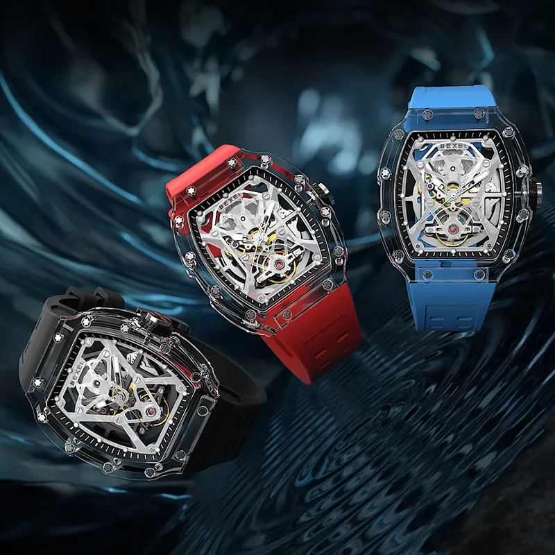 Bexei relógio mecânico automático masculino, relógio vintage com movimento esqueleto de vento automático tr90, caixa transparente, luminoso 9130