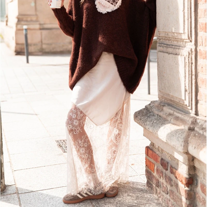 

Womens Sheer See-through Floral Lace Trimmed Hem Patchwork Long Skirt Elastic High Rise A-line Loungewear Slip Skirts