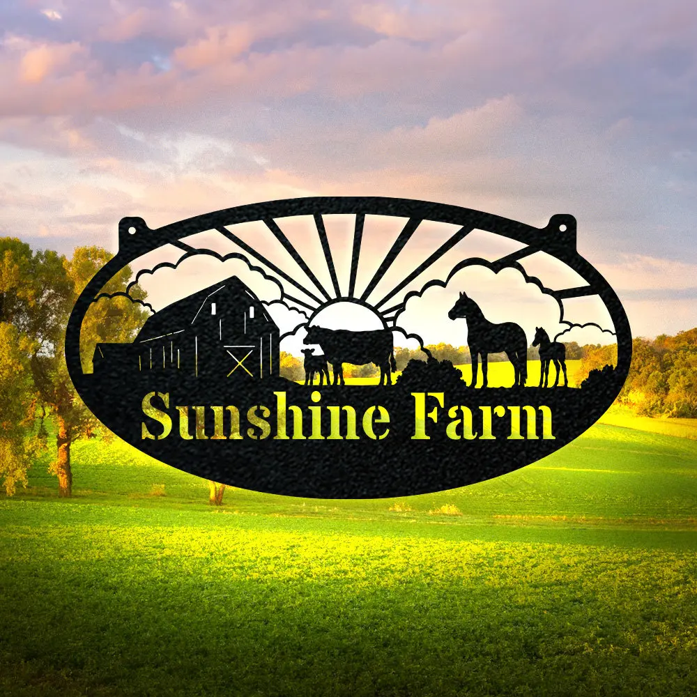 

Custom Personalized Farm Cows & Horses Oval Monogram - Sunrise - Farm Life Sign