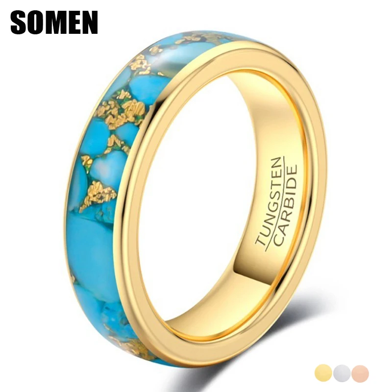 Somen 6mm Natural Blue Turquoises Tungsten Carbide Rings For Men Women Gold/Rose Gold/Silver Color Wedding Band Engagement Ring