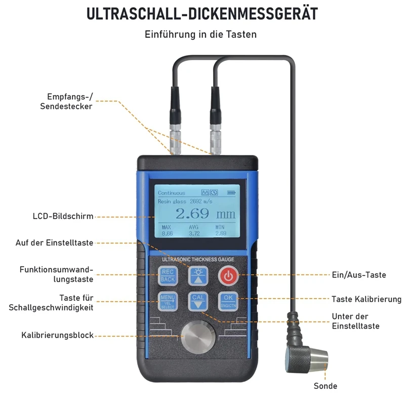 B49B-Ultrasuoni Misuratore di Spessore Metalli Tester di Spessore della Vernice Misurazione 0.8-500Mm Adatto a Vari Materiali