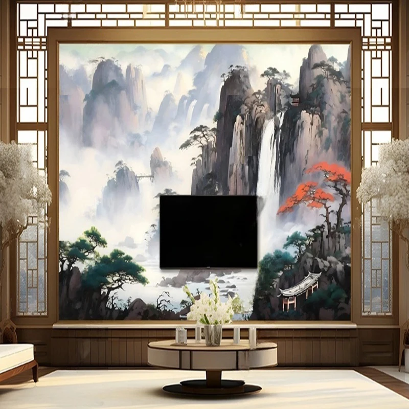 Chinese Style Wallpaper Custom Photo Mural Art Landscape Mountains Waterfall Scenery Hanging Painting Background Home Decor 3D