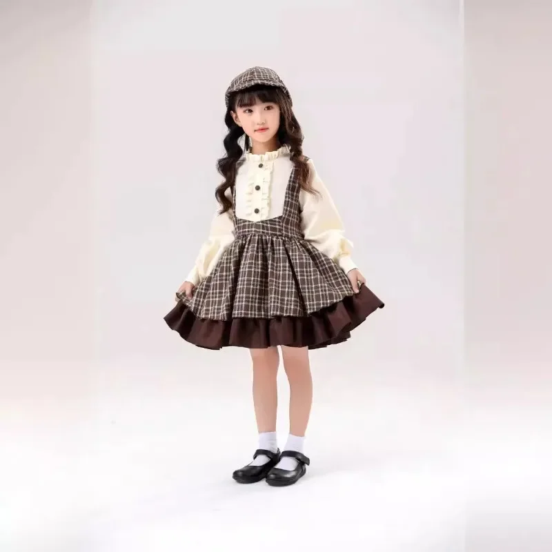 Xm-Robe de Cosplay Lolita pour Fille, Vêtements pour Enfants, Style Institut Britannique, Caseset de Détective, avec Châle