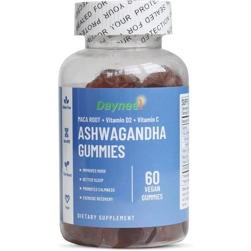 

Ashwagandha Gummies for Women and Men, with MACA Root, Vitamin D2 and Vitamin C, Vegan Plant Based Non-GMO, Blueberry Flavors
