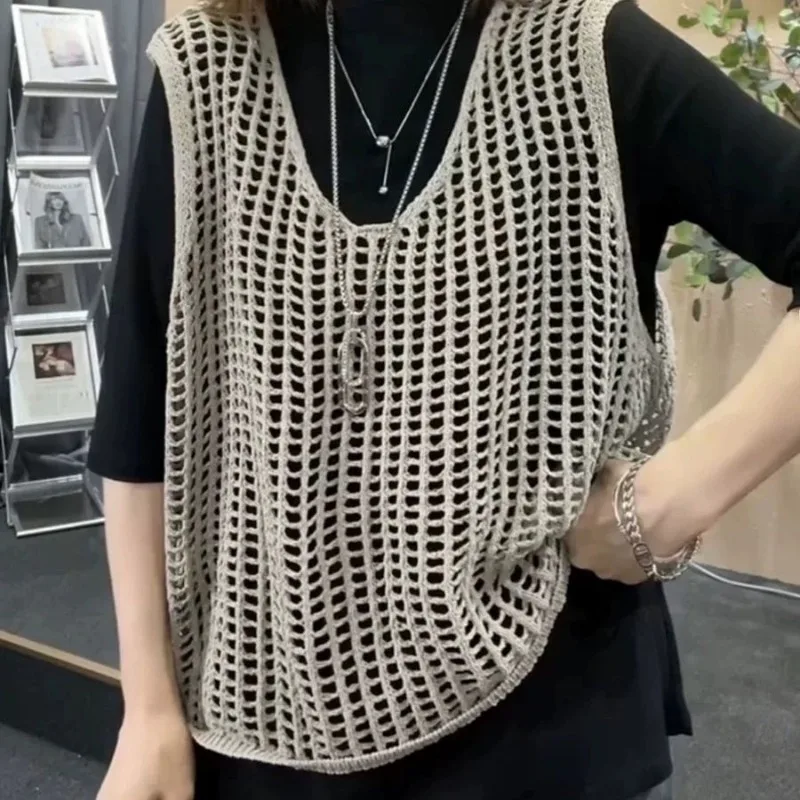 

Sweater Vests Women Retro Soft Ins High Street Chic Ulzzang Simple Mujer Popular Casual Stylish Hollow Out Pure All-match Summer