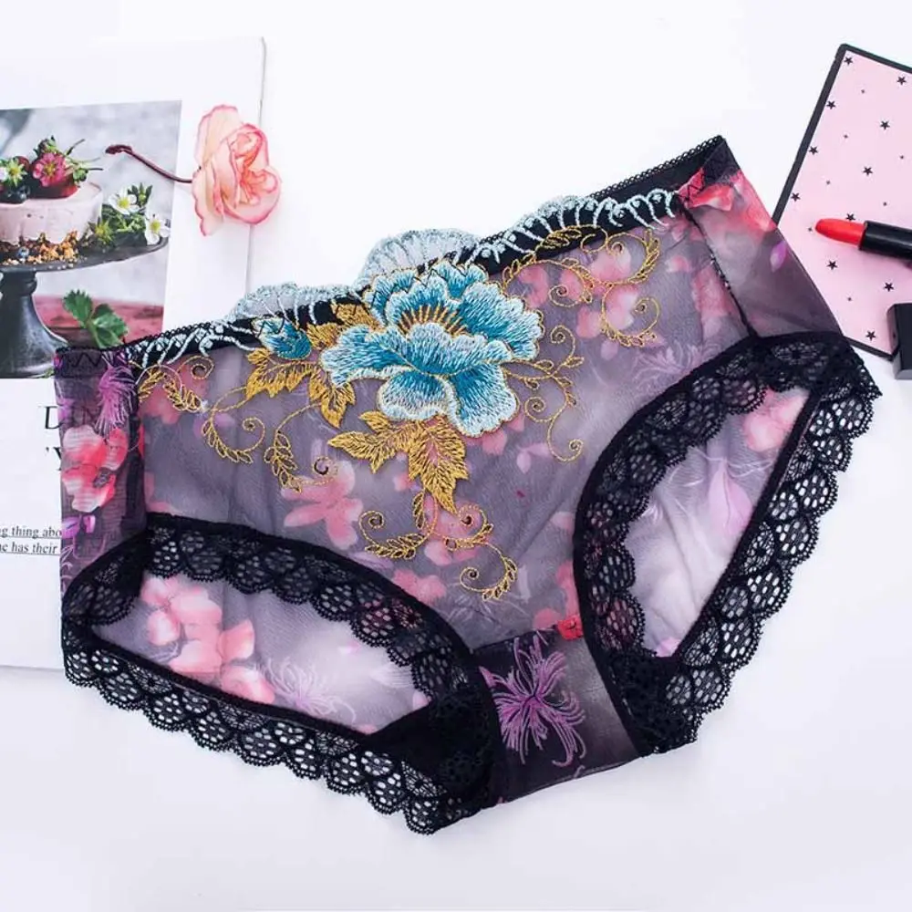 

4Pcs Mesh Lace Flower Underpants Plus Size Transparent Lace Seamless Briefs Panties Mid Waist Underwear for Women Lady
