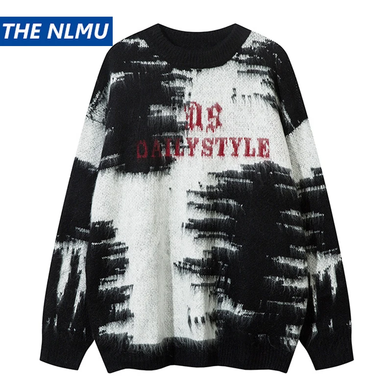 Men Vintage Sweater Y2K Streetwear Hip Hop Letter Tie Dye Knitted Sweaters 2024 Autumn Harajuku Fashion Casual Sweaters