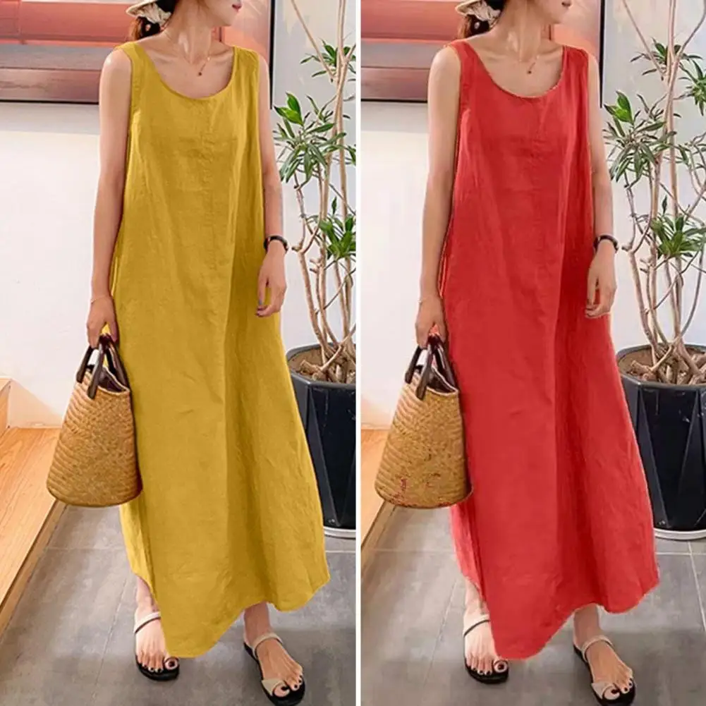 

Lightweight Summer Dress Elegant Maxi Dress for Women O Neck A-line Loose Pure Color Ankle Length Wear Homewear Long Dress