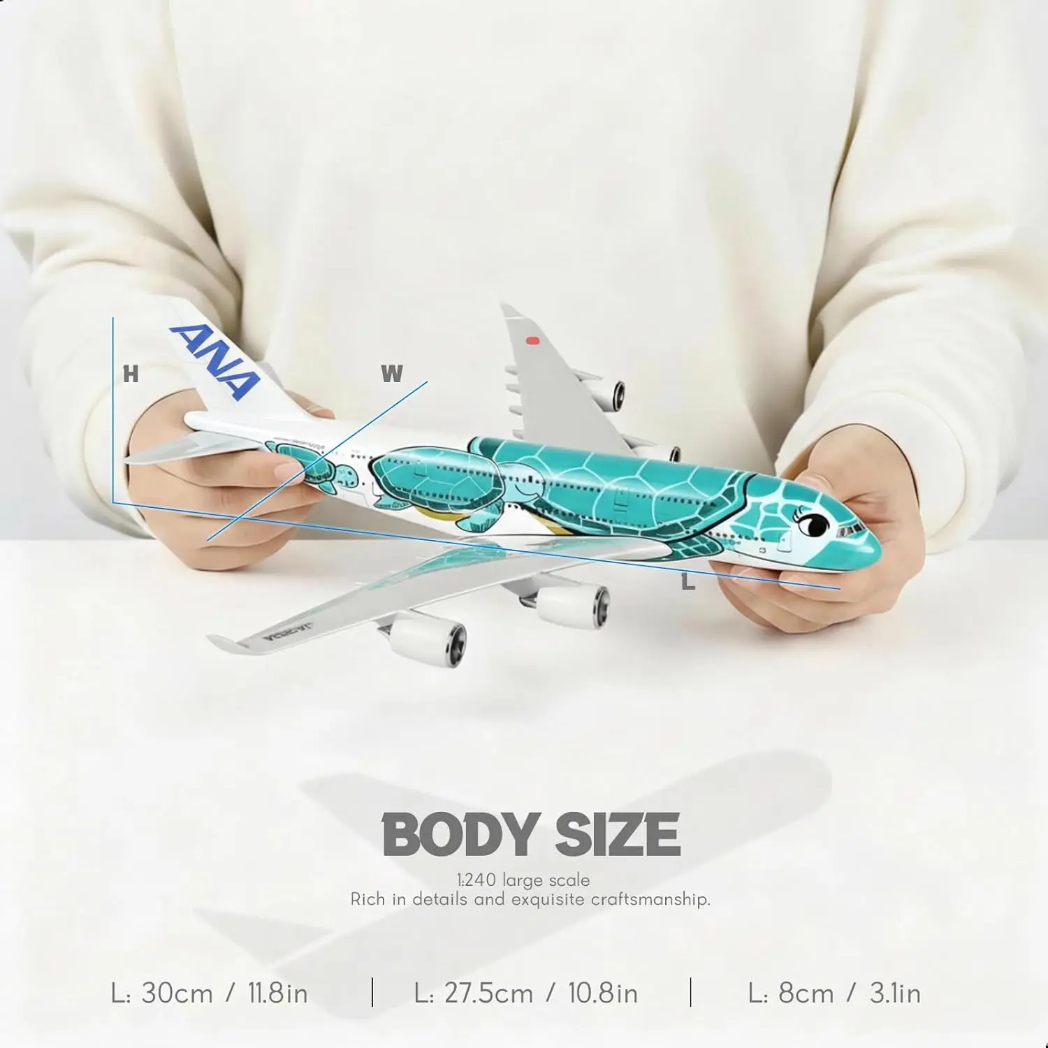 30cm ANA Green Turtle A380 Plane Model Diecast Aircraft Resin with Landing Gear Wheel Adult Aviation Collectible Souvenir Gift