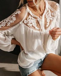 Gypsylady Chiffon Elegant Chic Blouse Shirt Vintage Boho Mesh Patchwork Sexy Women Blouses Summer Casual Long Sleeve Ladies Tops