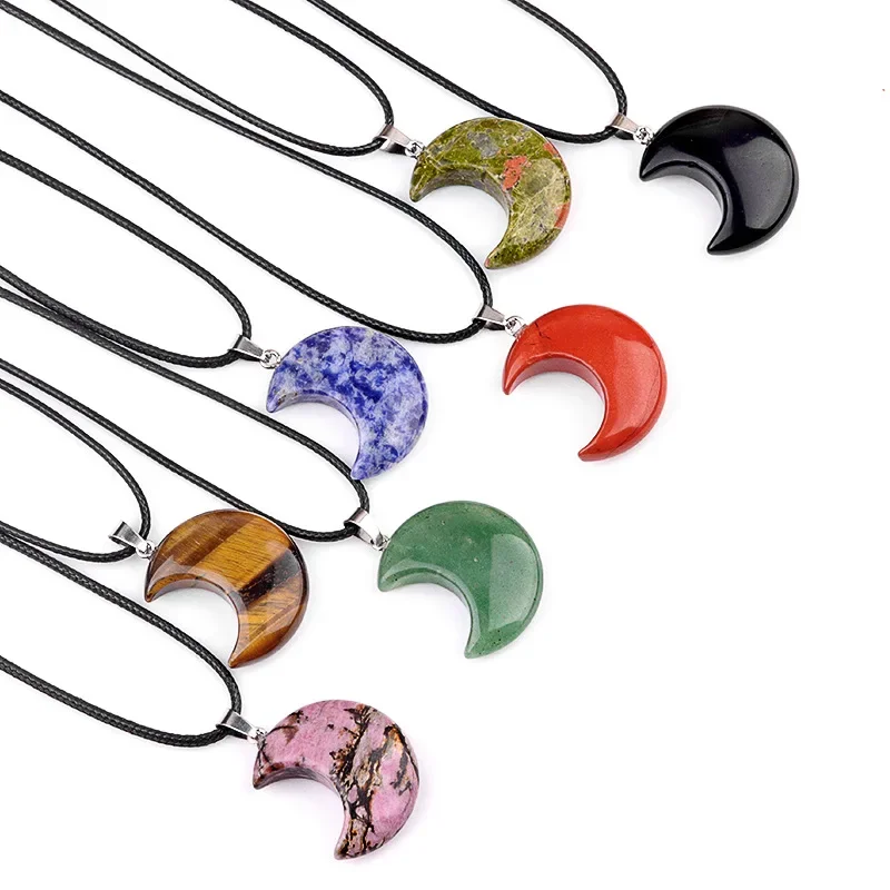 Adornos de piedra semipreciosa de Chakra Natural de 30MM, cristal de cuarzo amatista, Reiki curativo, forma de media luna, decoraciones de cuerda de cera