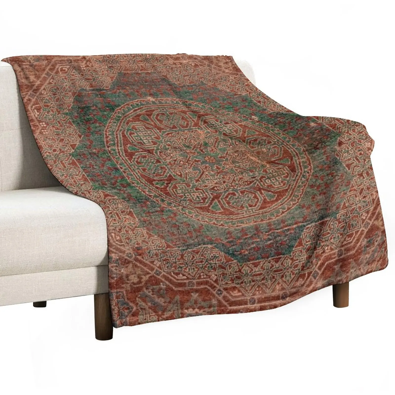 

Bohemian Medallion I // 15th Century Old Distressed Red Green Colorful Ornate Accent Rug Pattern Throw Blanket Blanket Sofa