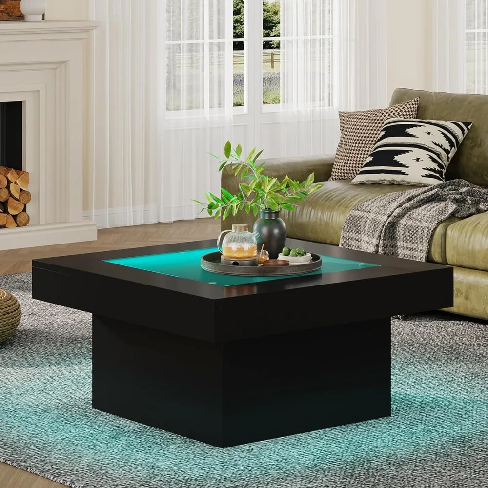 

Coffee Table with LED Lights, 35.4 Coffee Tables for Living Room, Tempered Glass-top Coffee Table, Black Modern Center